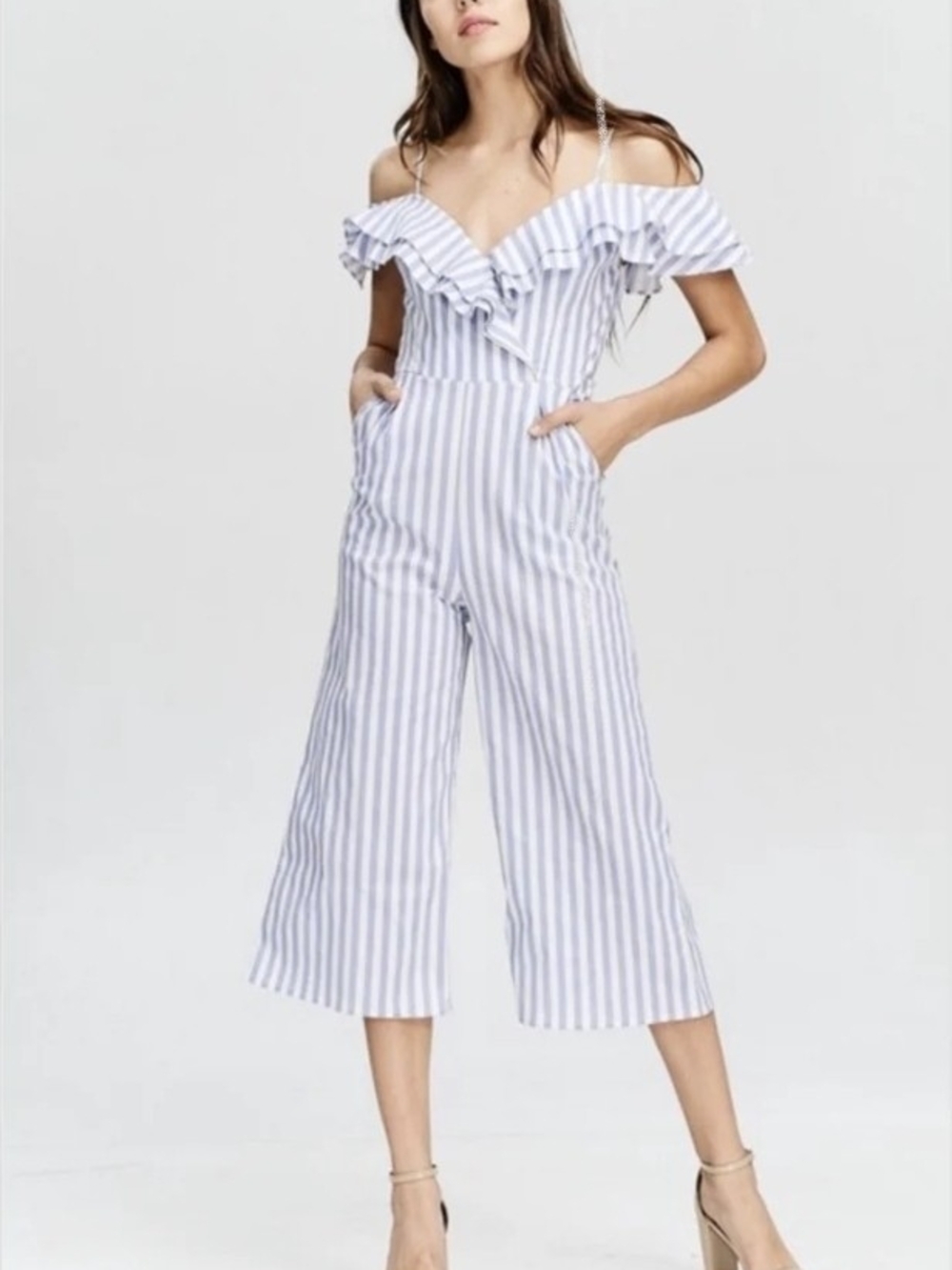 Main Strip Blue & White Striped Off-Shoulder Ruffle Wide-Leg Jumpsuit